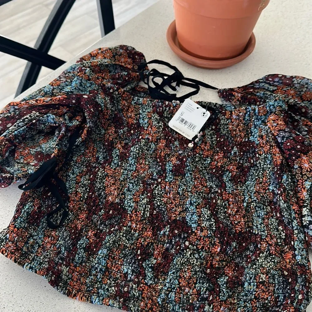 NWT Free People Back on Top Floral Square Neck Puff Sleeve Earthy Cropped S